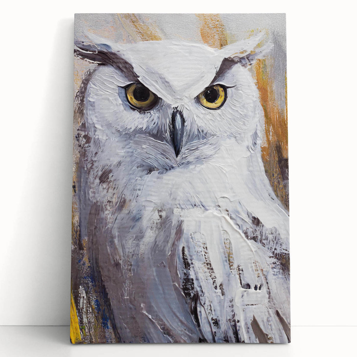 Stretched canvas wall art featuring a beautiful owl design with intricate details, rich colors, and a modern aesthetic, perfect for home decor or nature-themed spaces.
