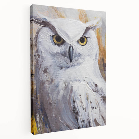 Detailed side view of a stretched canvas wall art featuring an owl design, showcasing vibrant colors and intricate patterns, ideal for nature-themed decor.