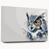 Acrylic glass wall art featuring a beautiful owl design, elegantly displayed in a side view with decorative pins for mounting, perfect for nature-inspired decor.
