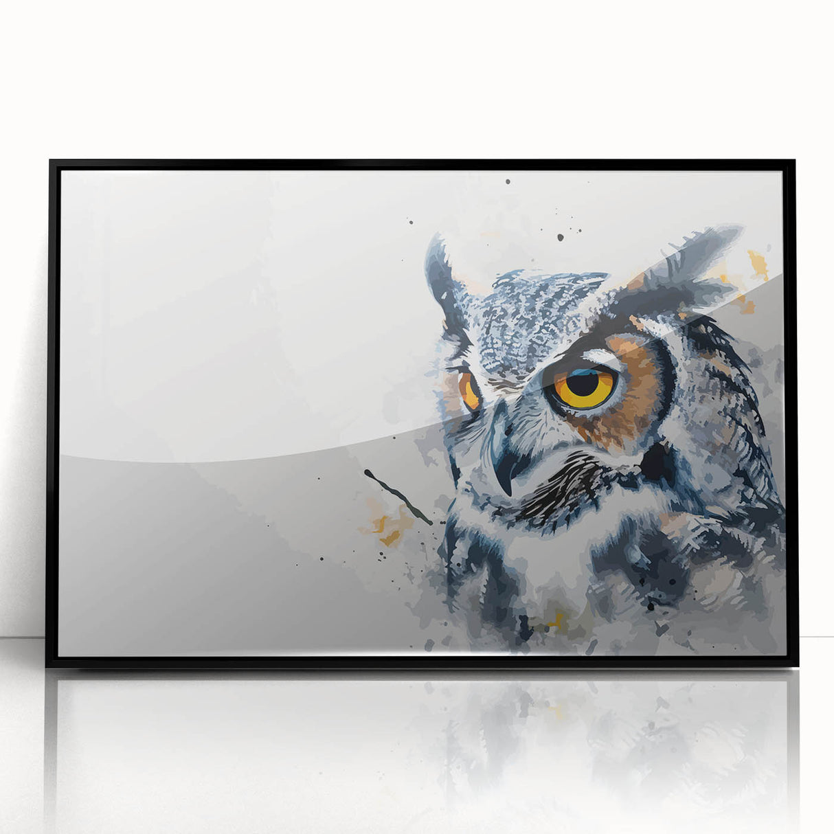 Framed wall art featuring a striking owl design in black acrylic, perfect for home decor. This contemporary piece adds elegance to any room and showcases intricate details of the owl's feathers and expressive eyes. Ideal for nature lovers and art enthusiasts alike.