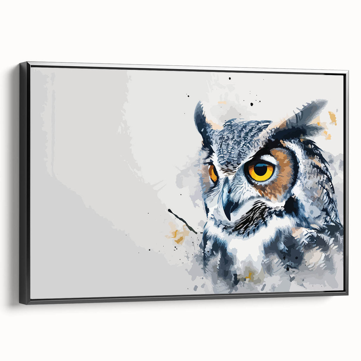 Framed wall art showcasing an intricate owl design on a black canvas, viewed from the side, perfect for modern home decor and wildlife enthusiasts.