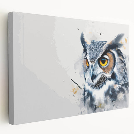 Stretched canvas wall art showcasing a detailed owl design with vibrant colors, ideal for nature lovers, enhancing home decor or office spaces.
