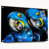 Vibrant wall art featuring a colorful parrot design on acrylic glass, showcasing a side view with decorative pins, perfect for brightening any living space.