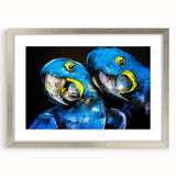 Vibrant wall art showcasing colorful parrots in a contemporary design, framed with a sleek silver mat, perfect for adding a touch of nature-inspired elegance to any room.