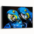 Framed canvas wall art showcasing a vibrant design of colorful parrots against a black background, highlighting intricate details and textures for decorative appeal.