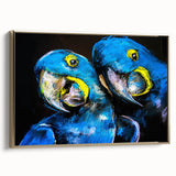 Framed wall art collection showcasing vibrant parrots in a tropical design, featuring gold accents and a sleek side view, perfect for enhancing home decor.
