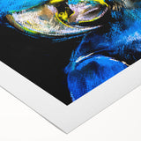 Colorful rolled canvas artwork showcasing a vibrant design of tropical birds and parrots, ideal for home decor. Packaged securely in a cardboard tube.