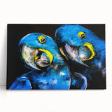 Colorful parrot wall art print on stretched canvas, showcasing vibrant green and yellow feathers, perfect for adding a tropical touch to home decor.