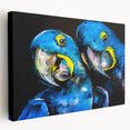Stretched canvas wall art showcasing a vibrant design of colorful parrots against a natural backdrop, perfect for tropical-themed decor. Ideal for bird lovers and home accents.