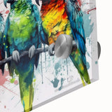 Close-up of a vibrant acrylic glass wall art featuring a colorful parrot design, showcasing intricate details and rich hues, perfect for home decor.