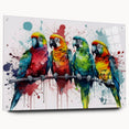 Vibrant acrylic wall art collection showcasing colorful parrots, designed for decorative purposes. Features a side view with mounting pins, ideal for bird lovers.