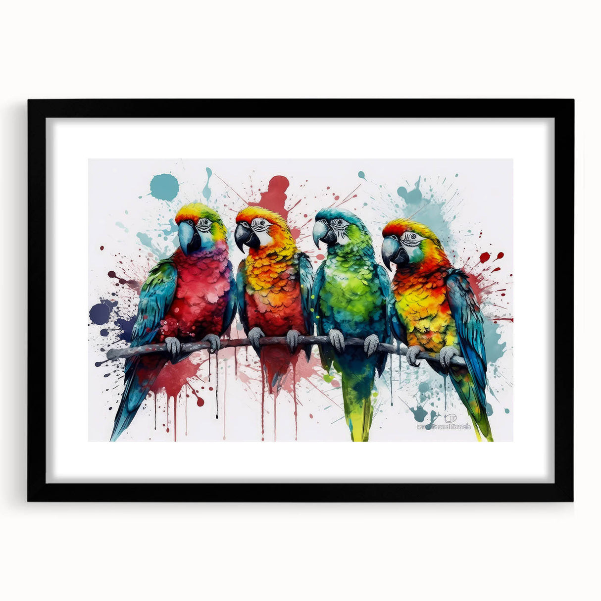 Colorful wall art featuring a collection of various parrot designs, framed in sleek black with a mat, showcasing vibrant hues and intricate details, perfect for bird lovers and home decor enthusiasts.