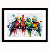 Colorful wall art featuring a collection of various parrot designs, framed in sleek black with a mat, showcasing vibrant hues and intricate details, perfect for bird lovers and home decor enthusiasts.