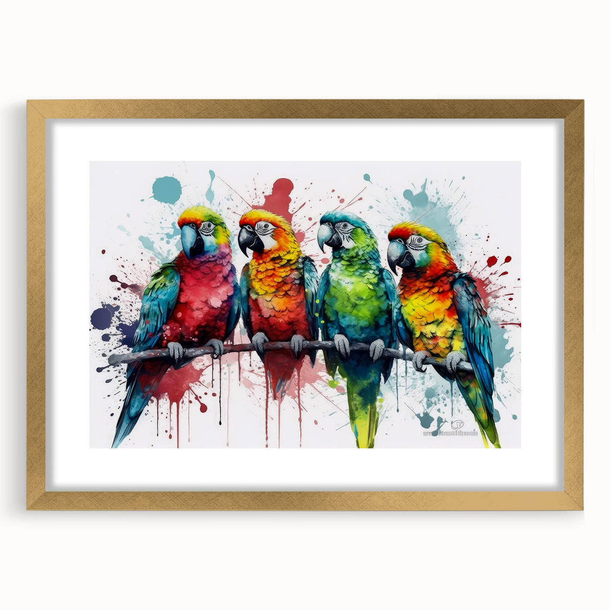 Framed wall art featuring a vibrant design of colorful parrots with a gold mat; ideal for enhancing home decor and adding a tropical touch to any room.