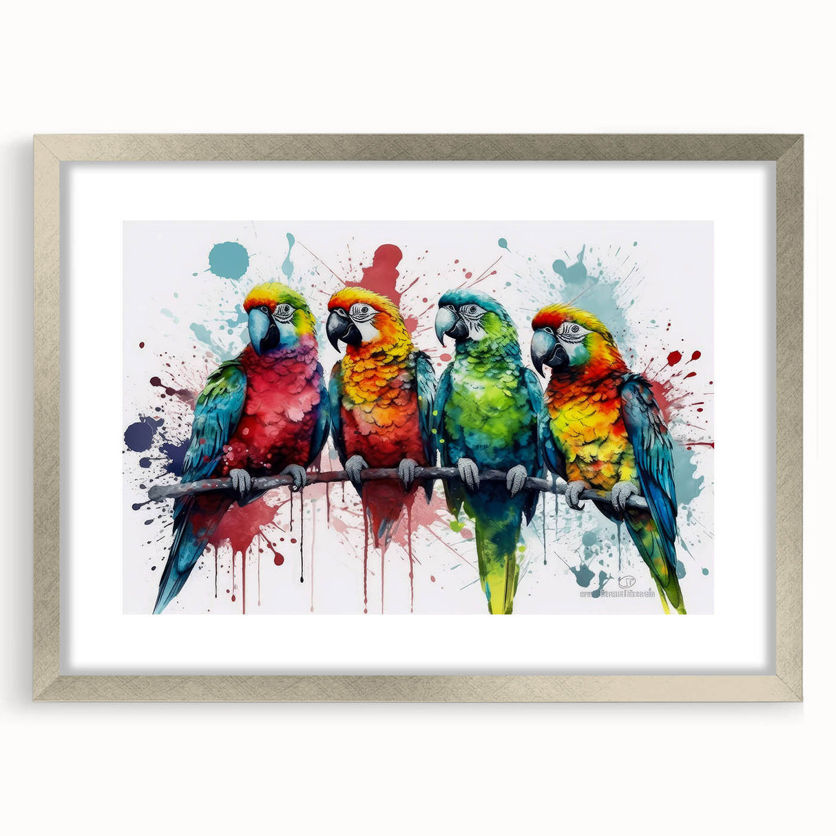 Framed wall art featuring a vibrant parrot design with a silver mat and frame, showcasing colorful birds against a white background, perfect for home decor.