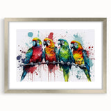 Framed wall art featuring a vibrant parrot design with a silver mat and frame, showcasing colorful birds against a white background, perfect for home decor.
