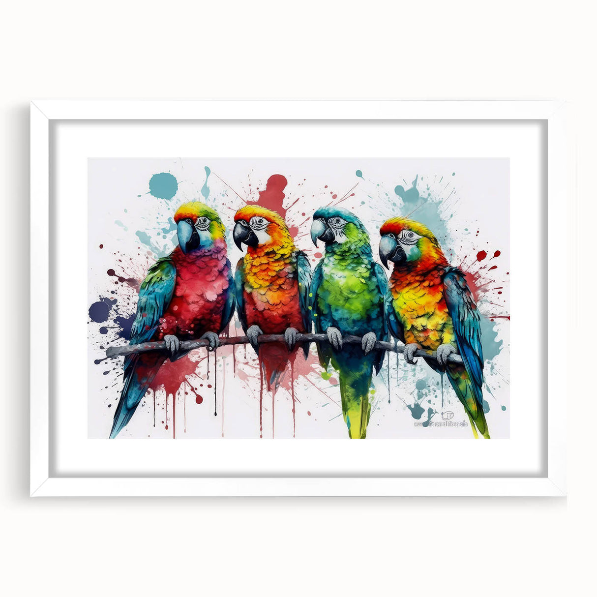 Framed wall art collection featuring vibrant parrot designs on a white mat, perfect for adding a tropical touch to home decor. Ideal for bird lovers and nature enthusiasts.