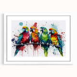 Framed wall art collection featuring vibrant parrot designs on a white mat, perfect for adding a tropical touch to home decor. Ideal for bird lovers and nature enthusiasts.