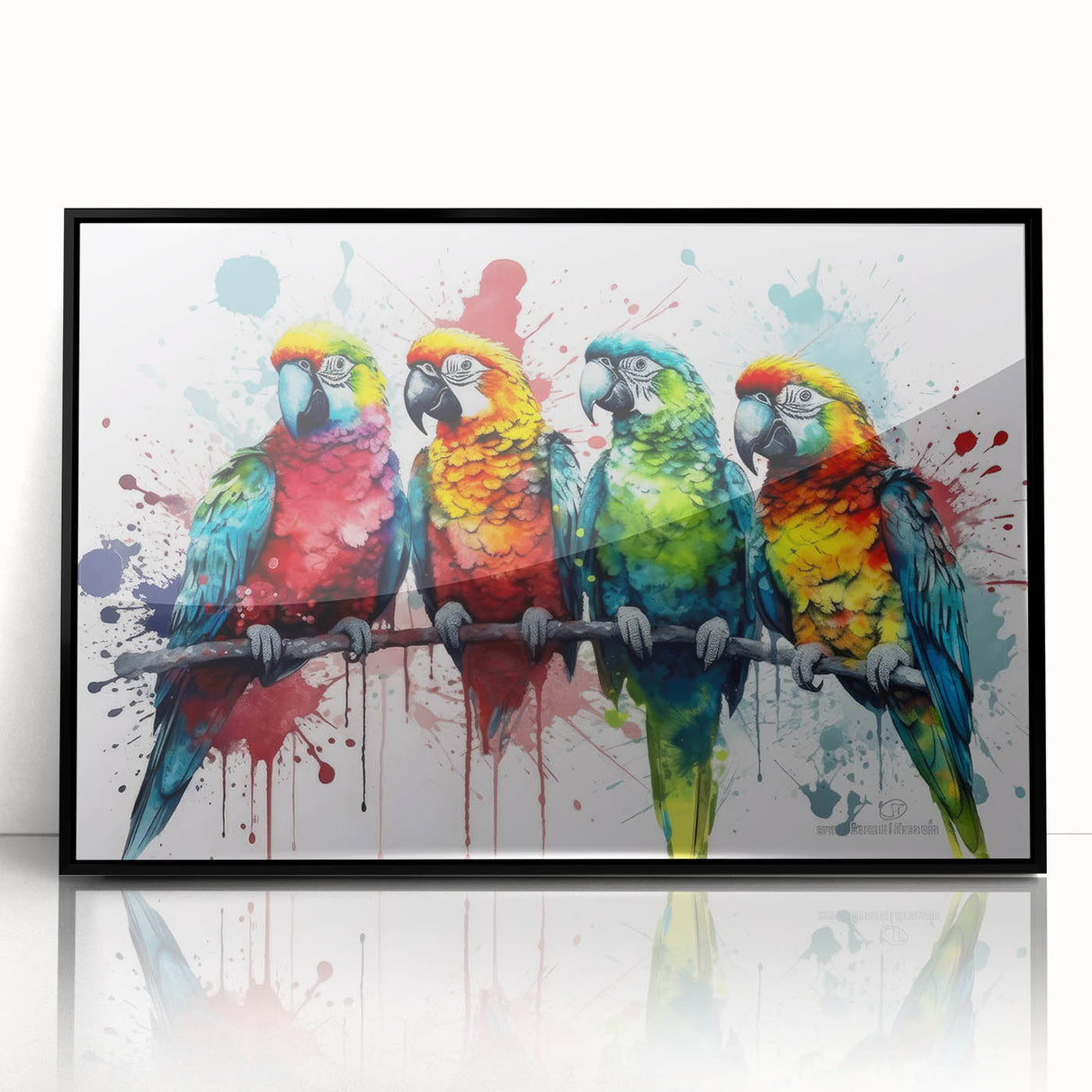 Framed wall art featuring a vibrant parrot design, showcasing colorful birds in a lush tropical setting, ideal for enhancing home decor with a touch of nature.