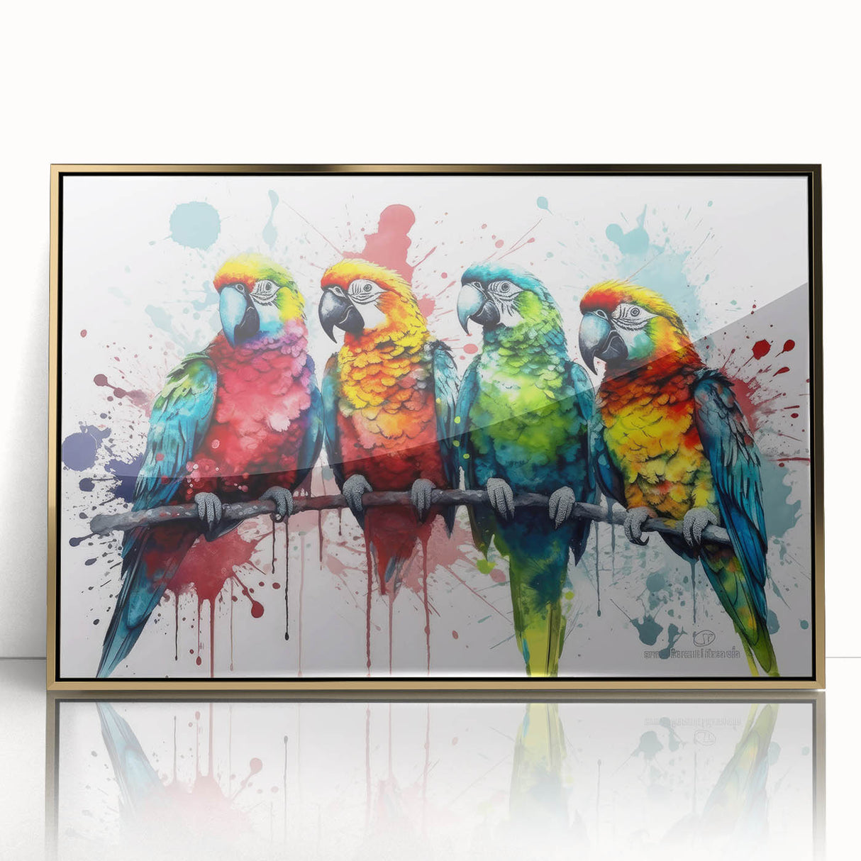 Framed wall art featuring vibrant parrots in a colorful design, set in an elegant gold frame with acrylic front, ideal for home decor and wildlife enthusiasts.