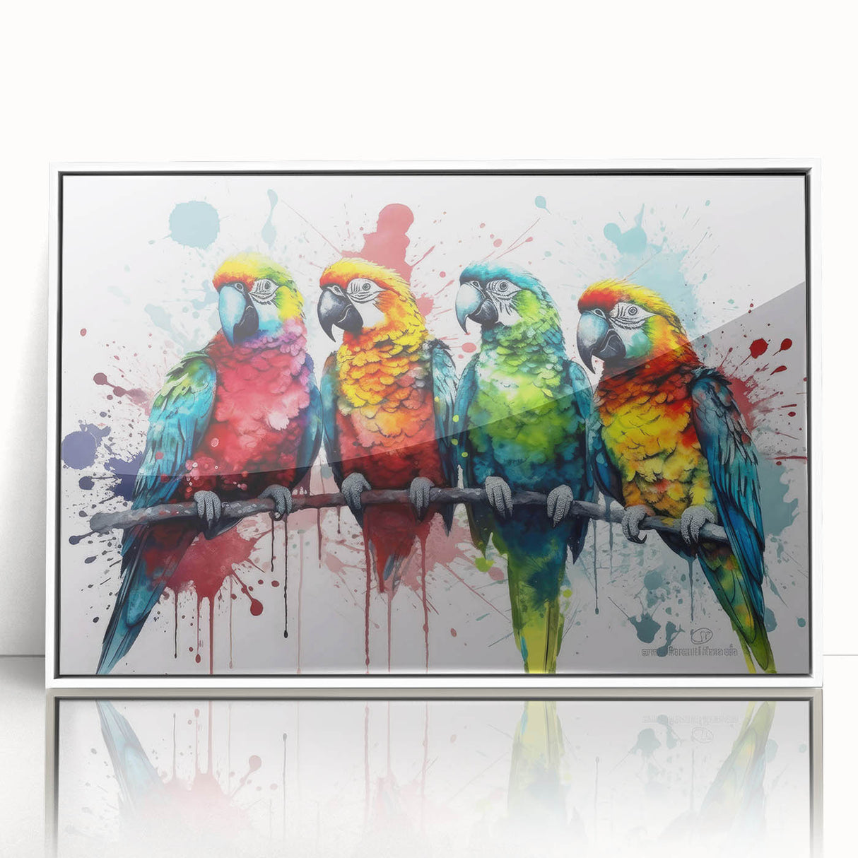 Framed wall art featuring a vibrant collection of colorful parrots against a white background, ideal for bird enthusiasts and home decor. The design showcases intricate details and lively hues, perfect for brightening any space.