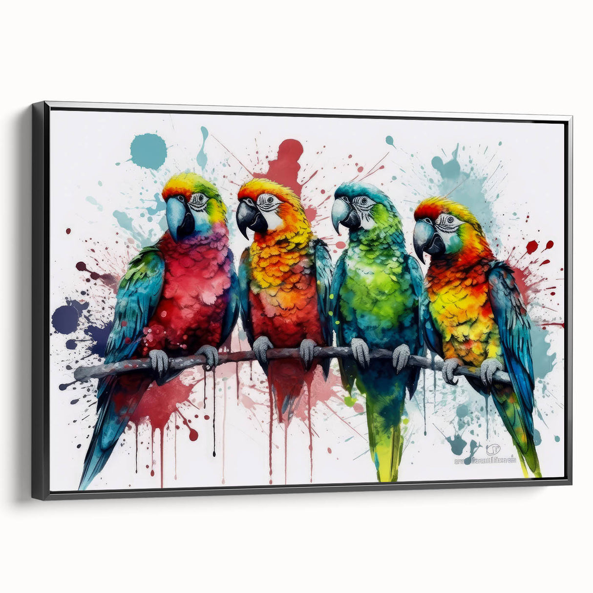 Framed wall art collection showcasing vibrant, colorful parrots against a black background, ideal for adding a tropical touch to home decor. The canvas features intricate details and a sleek side view, perfect for bird lovers.