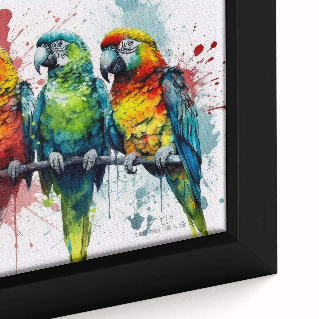 Close-up of a framed canvas wall art featuring vibrant, colorful parrots perched among lush greenery, perfect for adding a tropical touch to home decor.