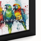Close-up of a framed canvas wall art featuring vibrant, colorful parrots perched among lush greenery, perfect for adding a tropical touch to home decor.