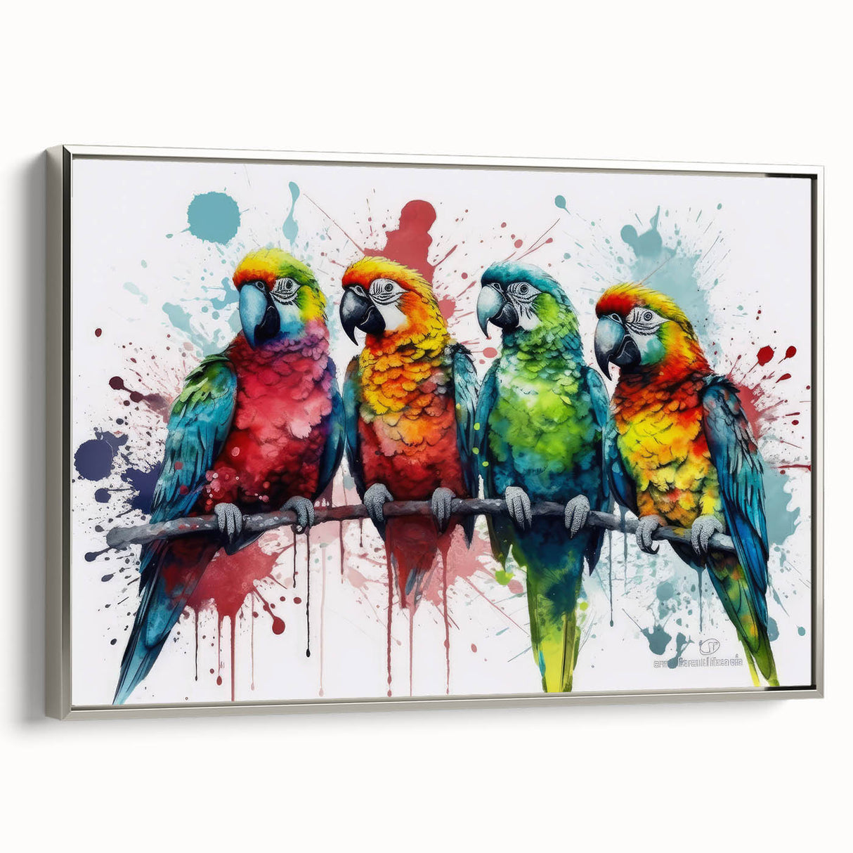 Framed canvas wall art showcasing a vibrant design of colorful parrots against a silver backdrop. Ideal for home decor, this piece adds a tropical touch to any room.