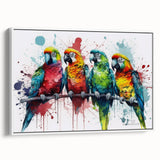 Framed canvas wall art featuring vibrant parrot designs in a colorful tropical setting, showcasing intricate details and textures, perfect for home decor.