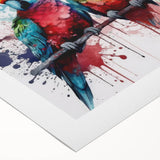 Vibrant rolled canvas featuring a colorful parrot design, showcasing intricate details and textures, perfect for enhancing home decor with a tropical touch.