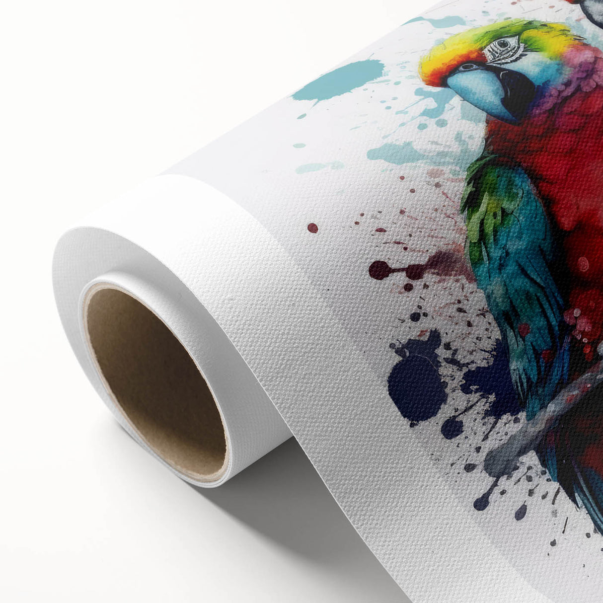 Vibrant rolled canvas artwork showcasing a colorful collection of parrots in various poses, perfect for enhancing home decor with a tropical theme.