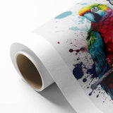 Vibrant rolled canvas artwork showcasing a colorful collection of parrots in various poses, perfect for enhancing home decor with a tropical theme.