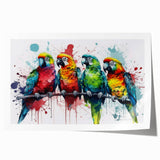Colorful wall art featuring a vibrant collection of parrot illustrations on a rolled print, showcasing intricate designs and bright hues. Ideal for bird lovers and home decor enthusiasts looking to add a tropical flair to their space.