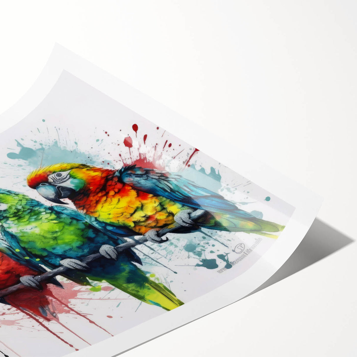 Colorful parrots perched on branches in a vibrant tropical setting, showcasing intricate details and textures, ideal for home decor enthusiasts. Perfect for adding a lively touch to any room.