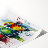 Colorful parrots perched on branches in a vibrant tropical setting, showcasing intricate details and textures, ideal for home decor enthusiasts. Perfect for adding a lively touch to any room.