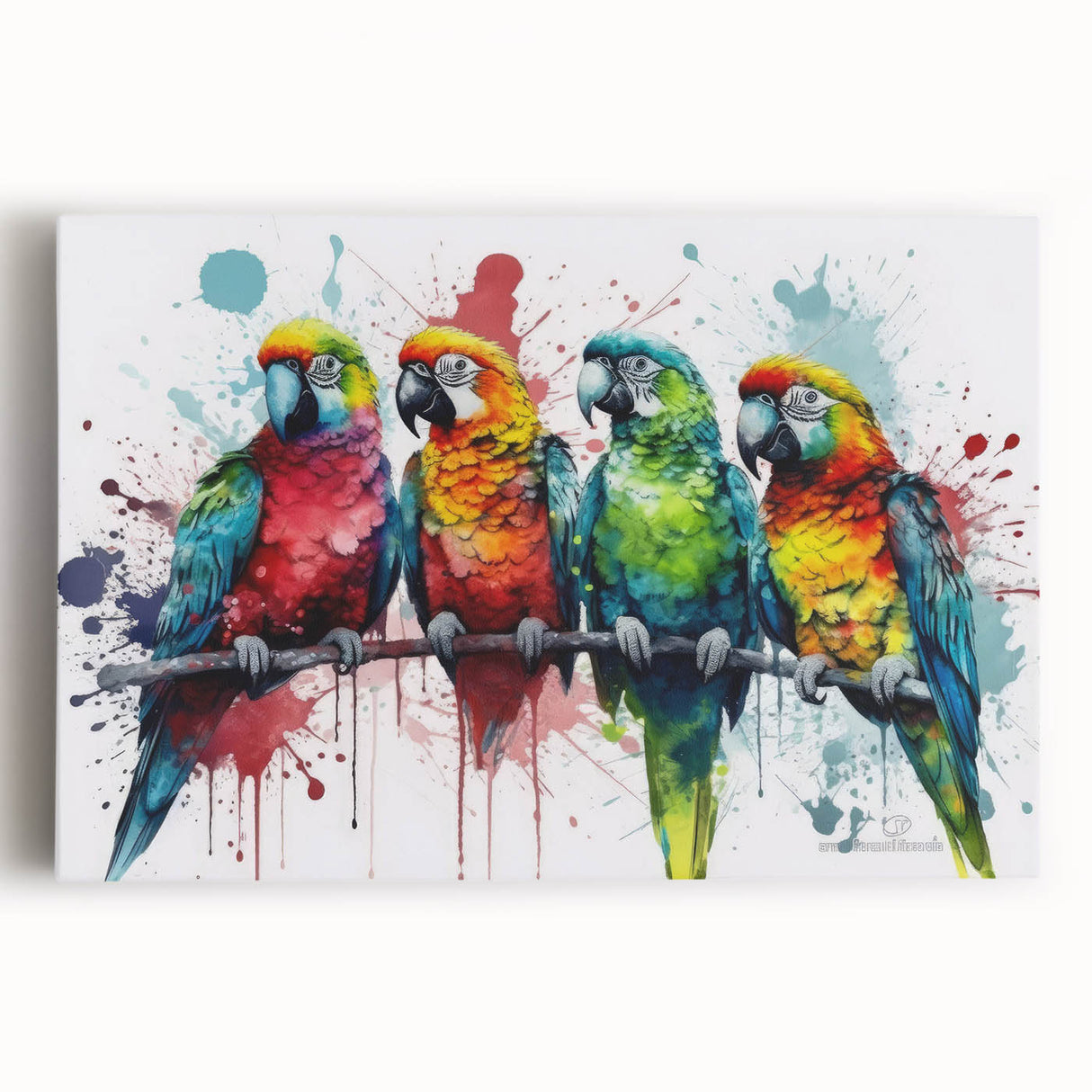 Vibrant wall art collection featuring colorful parrot designs printed on stretched canvas, showcasing intricate details and a lively tropical theme, perfect for home decor.