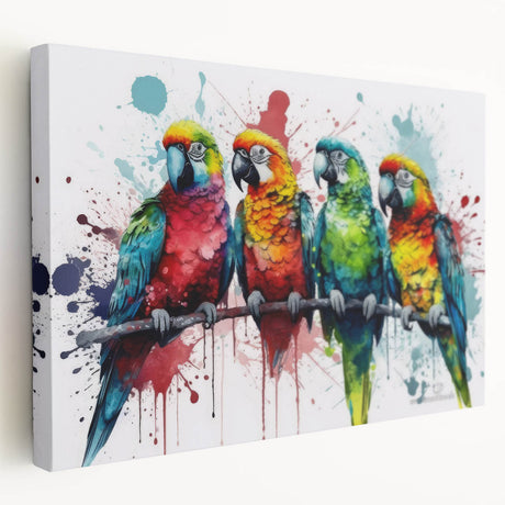 Vibrant stretched canvas wall art featuring a colorful collection of tropical parrots in a lush jungle setting, ideal for enhancing home decor with a lively touch.