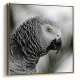 Framed wall art featuring a colorful parrot design on canvas, set against a gold background, showcasing vibrant hues and intricate details, ideal for tropical decor.