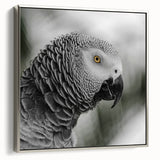 Framed wall art featuring a vibrant parrot design on canvas, showcasing intricate details and a silver frame, ideal for enhancing home decor.