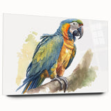 Colorful acrylic wall art featuring a vibrant parrot design on glass, showcasing intricate details and a contemporary style, perfect for home decor enthusiasts.