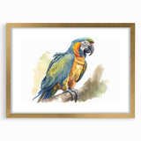 Elegant wall art frame showcasing a vibrant parrot and bird design in gold matting, perfect for enhancing home decor and adding a pop of color to any room.