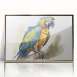 Framed wall art featuring a vibrant design of colorful parrots, set in an elegant gold frame, perfect for adding a tropical touch to home decor.