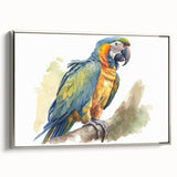 Framed canvas wall art showcasing a vibrant collection of parrot designs in rich colors, elegantly displayed with a silver frame, perfect for enhancing modern decor.