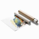 Vibrant rolled print of colorful parrots in a tropical setting, showcasing intricate details and lively hues, ideal for enhancing home decor or bird-themed collections.