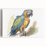 Vibrant stretched canvas wall art featuring a colorful parrot design, perfect for tropical decor, showcasing intricate details and vivid hues.