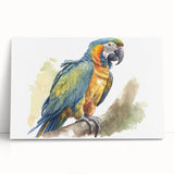 Vibrant stretched canvas wall art showcasing a colorful parrot design, perfect for home decor, featuring rich greens, blues, and yellows, evoking a tropical ambiance.