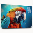 Vibrant acrylic wall art display featuring a colorful parrot design, presented in a side view with decorative pins, perfect for enhancing home decor.