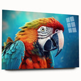 Vibrant wall art featuring a colorful collection of parrot designs printed on acrylic glass, showcasing a side view with intricate details and textures, perfect for bird lovers and home decor enthusiasts.