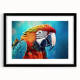 Framed wall art showcasing a vibrant parrot design, featuring rich colors and intricate details, set in a sleek black frame with a mat for a modern touch. Perfect for enhancing home decor or art collections.